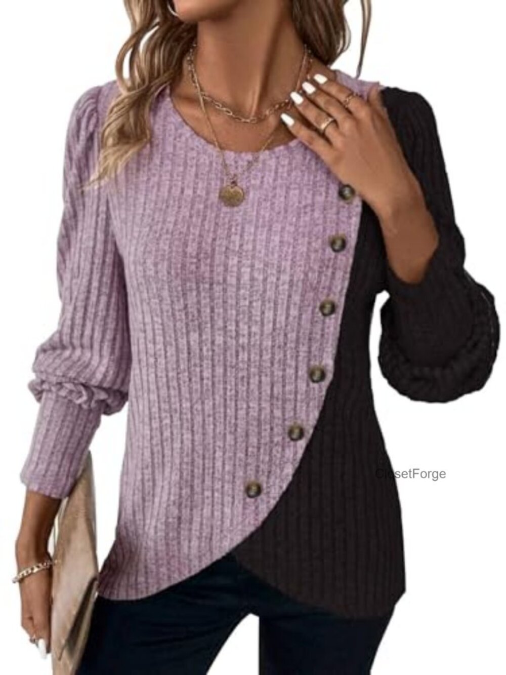 Womens Knit Sweater Long Sleeve Ribbed Colorblock Button Pullover Tunic Top